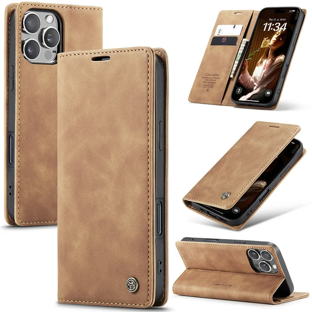 FF15.8-17.8 Case for iPhone 16 15 14 13 12 11 Pro Max Leather Kickstand Card Holder Pocket Stand Flip Magnetic Stand Flip Full Phone Cover