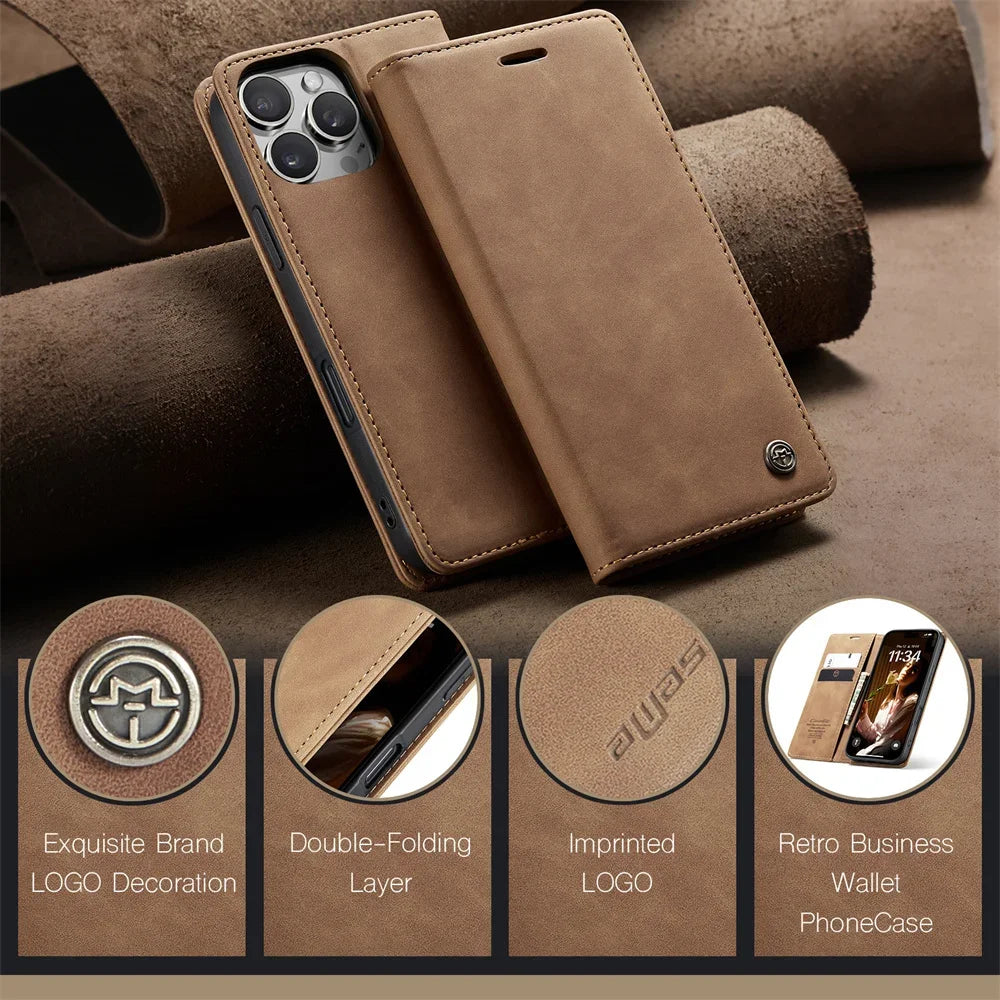 FF15.8-17.8 Case for iPhone 16 15 14 13 12 11 Pro Max Leather Kickstand Card Holder Pocket Stand Flip Magnetic Stand Flip Full Phone Cover