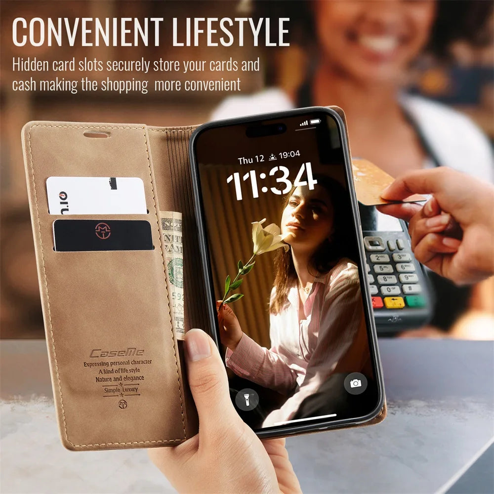 FF15.8-17.8 Case for iPhone 16 15 14 13 12 11 Pro Max Leather Kickstand Card Holder Pocket Stand Flip Magnetic Stand Flip Full Phone Cover