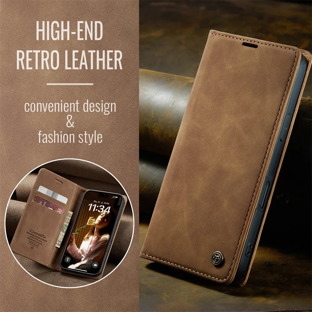 FF15.8-17.8 Case for iPhone 16 15 14 13 12 11 Pro Max Leather Kickstand Card Holder Pocket Stand Flip Magnetic Stand Flip Full Phone Cover