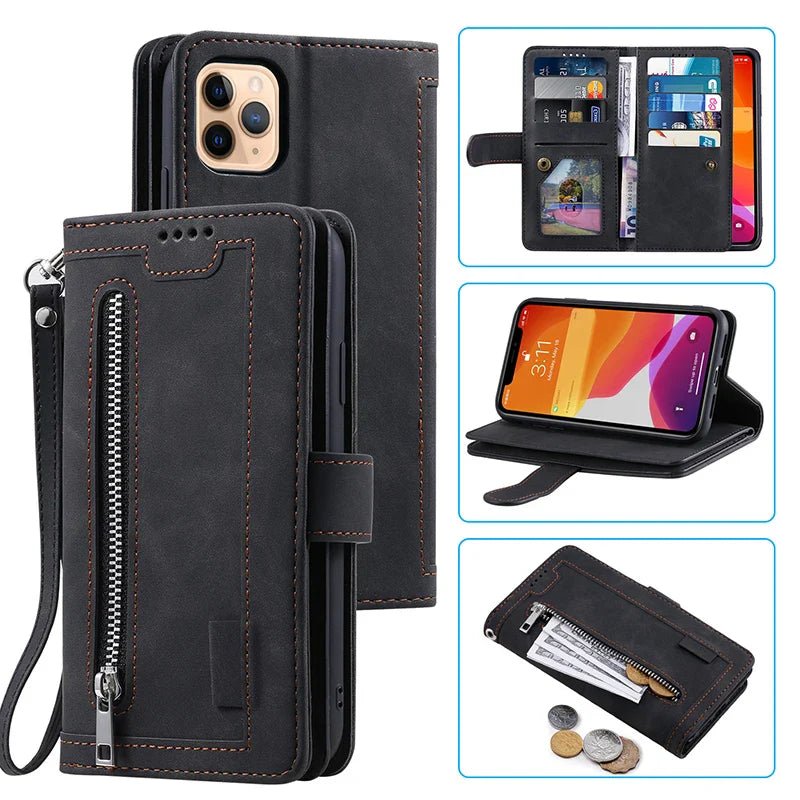 FF21.8 Leather Zipper Wallet Phone Case with Strap For iPhone 16 15 Plus 13 12 Card Holder Flip Cover