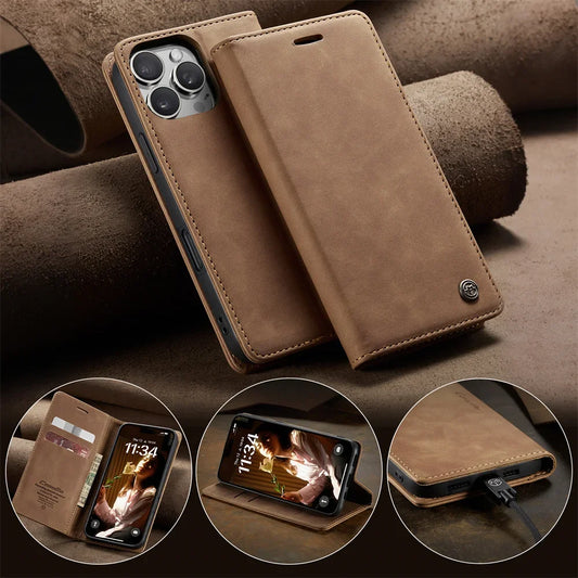 FF15.8-17.8 Case for iPhone 16 15 14 13 12 11 Pro Max Leather Kickstand Card Holder Pocket Stand Flip Magnetic Stand Flip Full Phone Cover