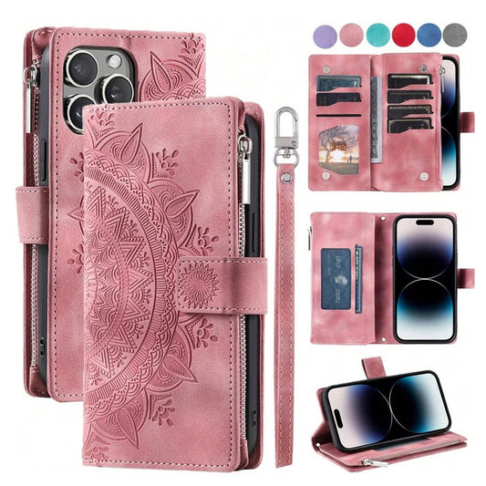 FF20.8 Hand rope Multi Layer Zipper Wallet Case for iPhone 16 15 14 13 12 Pro Max Card Slots Phone Flip Cover