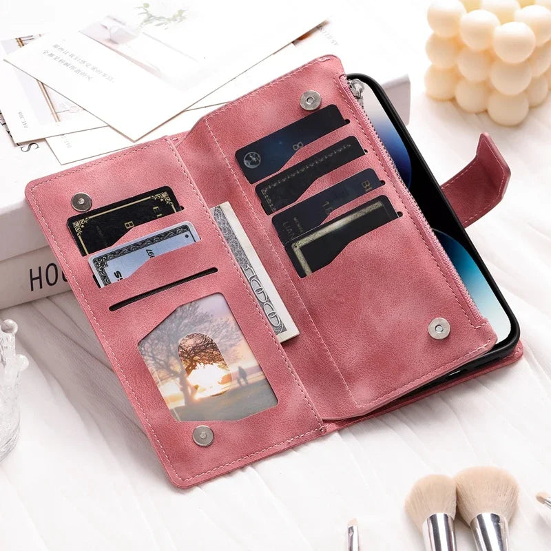 FF20.8 Hand rope Multi Layer Zipper Wallet Case for iPhone 16 15 14 13 12 Pro Max Card Slots Phone Flip Cover