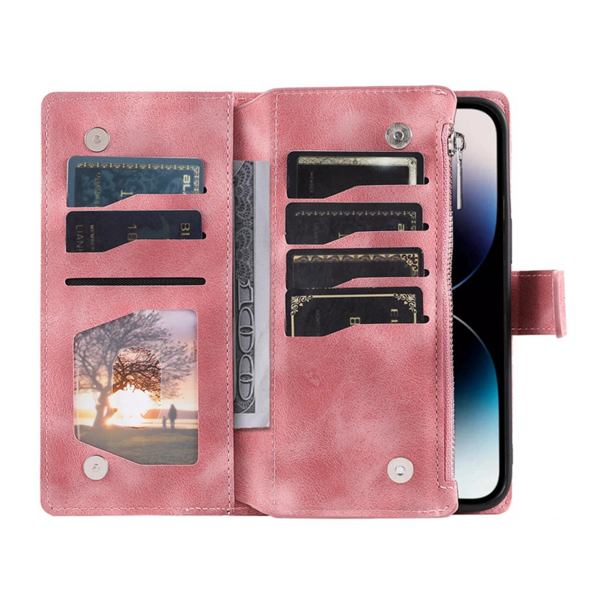 FF20.8 Hand rope Multi Layer Zipper Wallet Case for iPhone 16 15 14 13 12 Pro Max Card Slots Phone Flip Cover