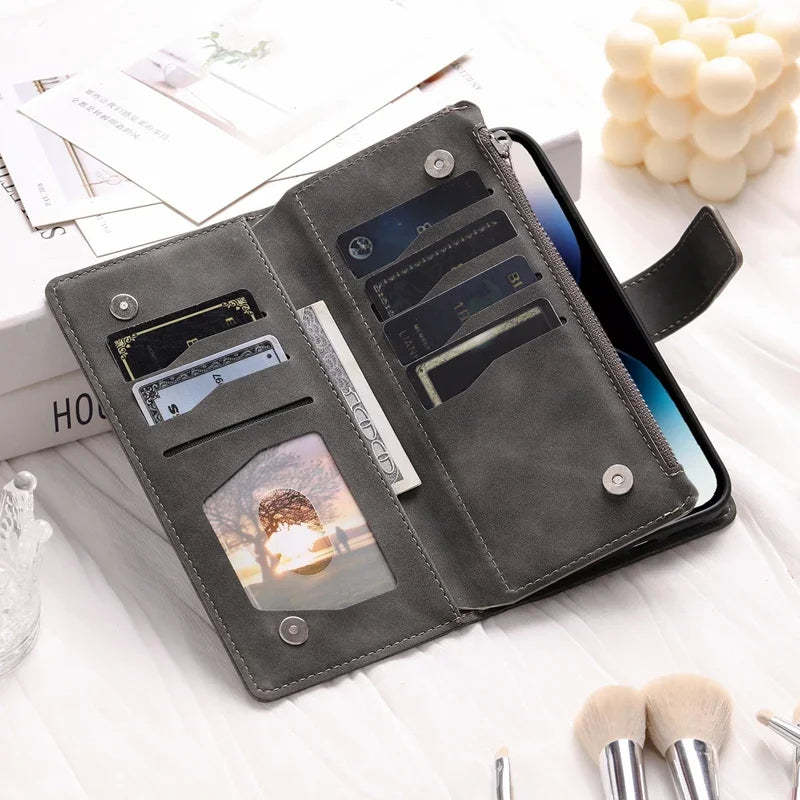 FF20.8 Hand rope Multi Layer Zipper Wallet Case for iPhone 16 15 14 13 12 Pro Max Card Slots Phone Flip Cover