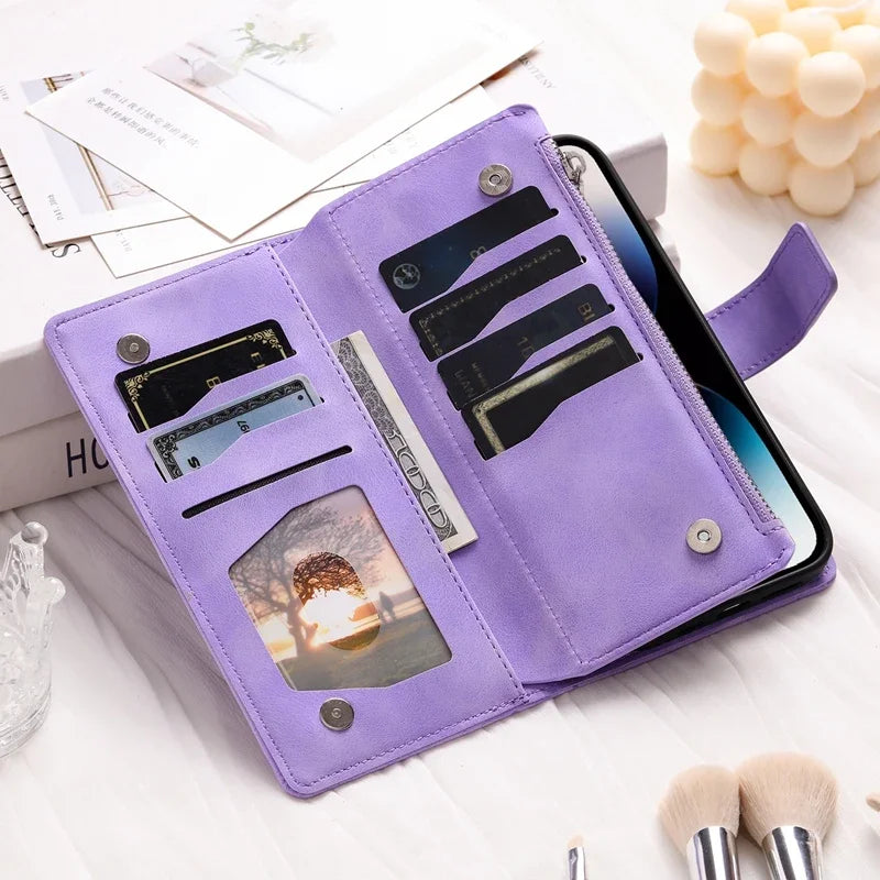 FF20.8 Hand rope Multi Layer Zipper Wallet Case for iPhone 16 15 14 13 12 Pro Max Card Slots Phone Flip Cover