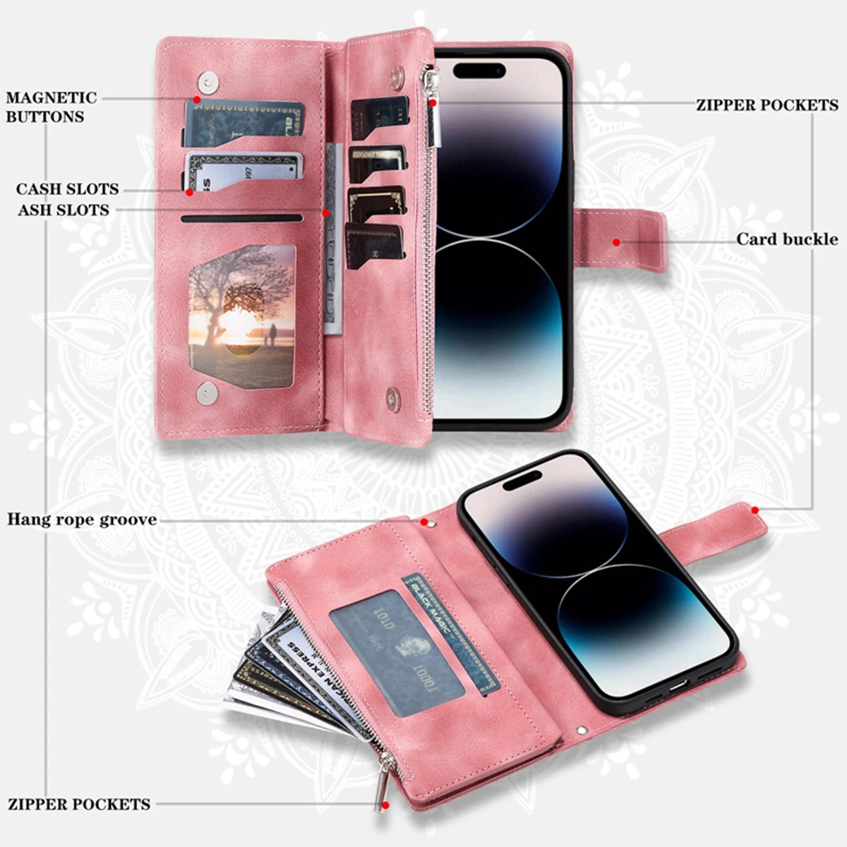 FF20.8 Hand rope Multi Layer Zipper Wallet Case for iPhone 16 15 14 13 12 Pro Max Card Slots Phone Flip Cover