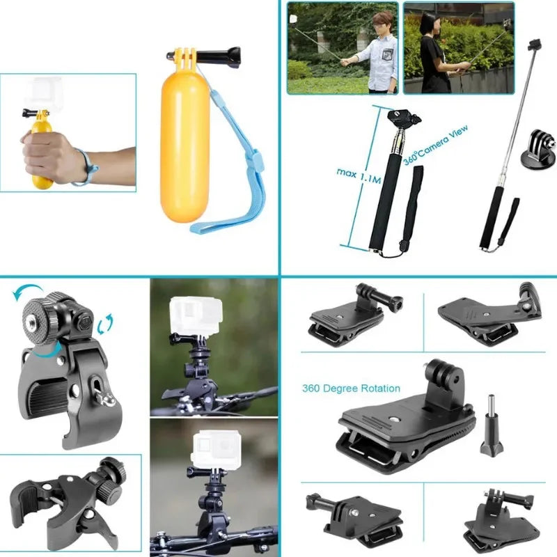 FF62.8 Kit for Gopro Hero Action Camera Installation Accessory Chest Strap Head Strap Monopod Tripod Adapter for SJCAM