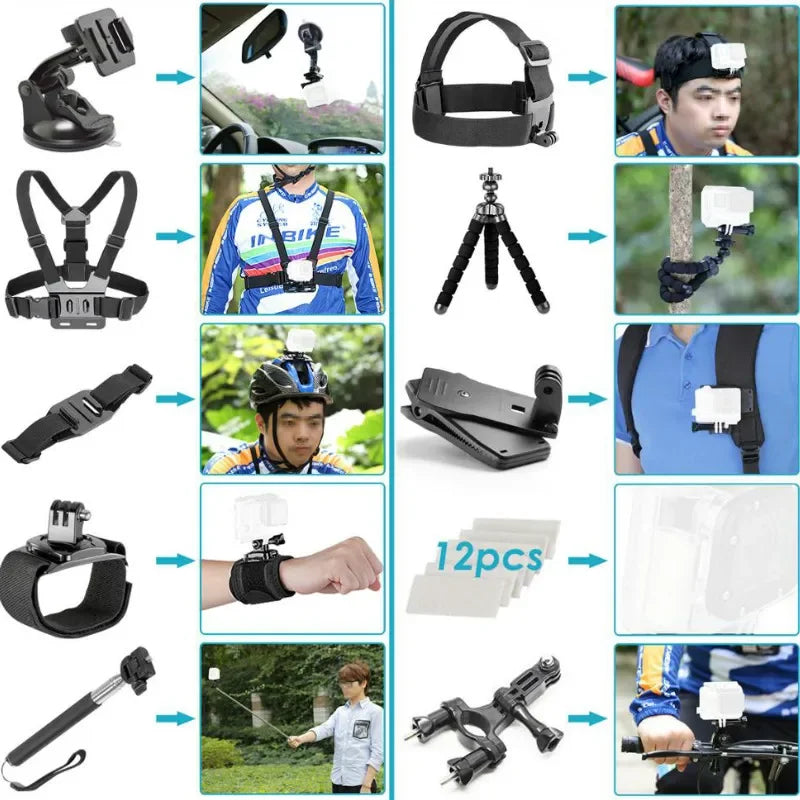 FF62.8 Kit for Gopro Hero Action Camera Installation Accessory Chest Strap Head Strap Monopod Tripod Adapter for SJCAM