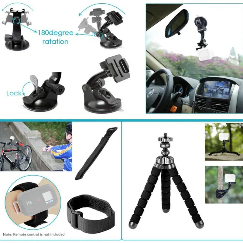 FF62.8 Kit for Gopro Hero Action Camera Installation Accessory Chest Strap Head Strap Monopod Tripod Adapter for SJCAM