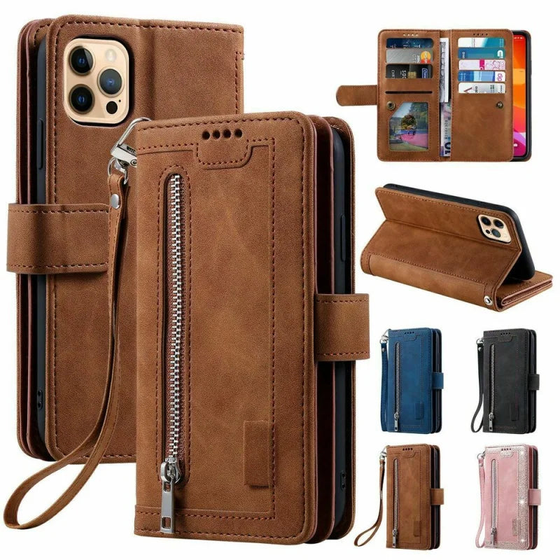 FF21.8 Leather Zipper Wallet Phone Case with Strap For iPhone 16 15 Plus 13 12  Card Holder Flip Cover