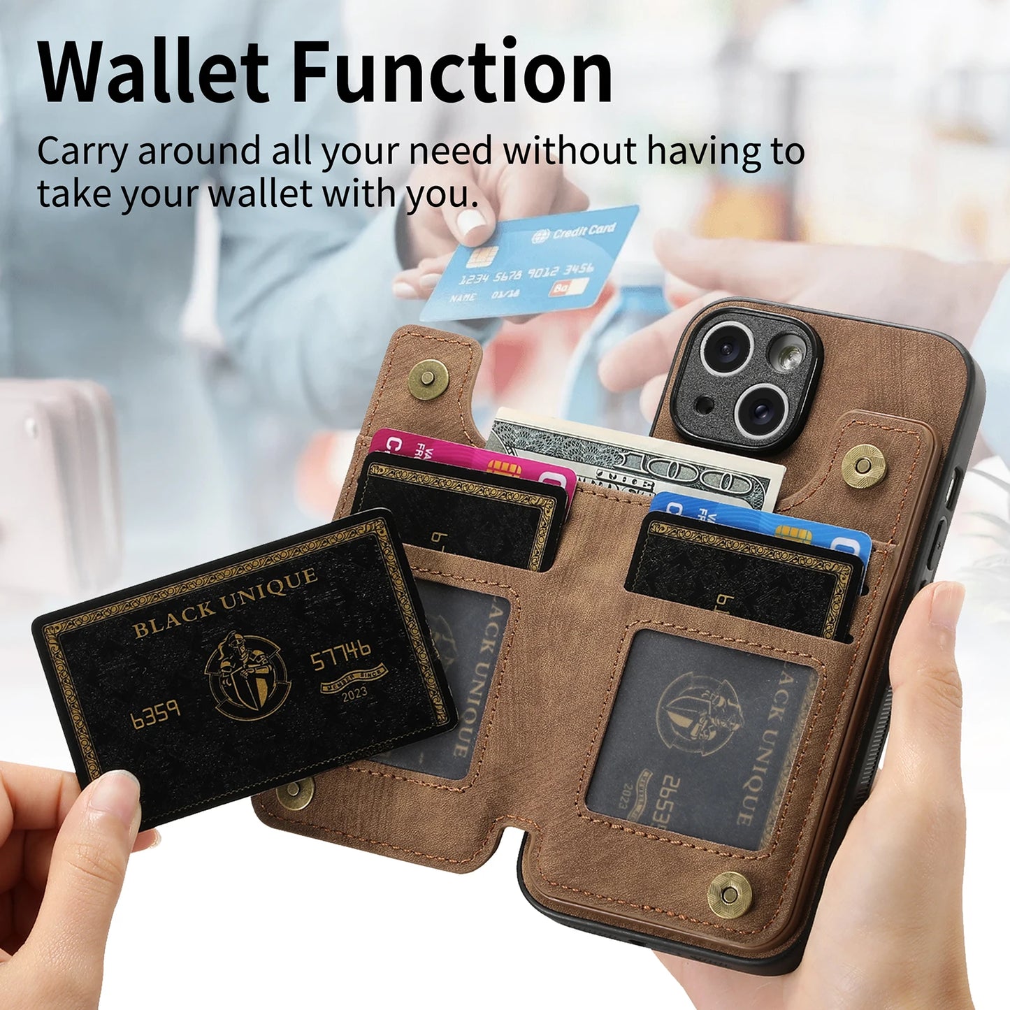 FF18.8-20.8 Zipper Cards Solt Wallet Leather Case For iPhone 16 15 14 13 12Pro Max Pocket Magnetic Double Buckle Cover