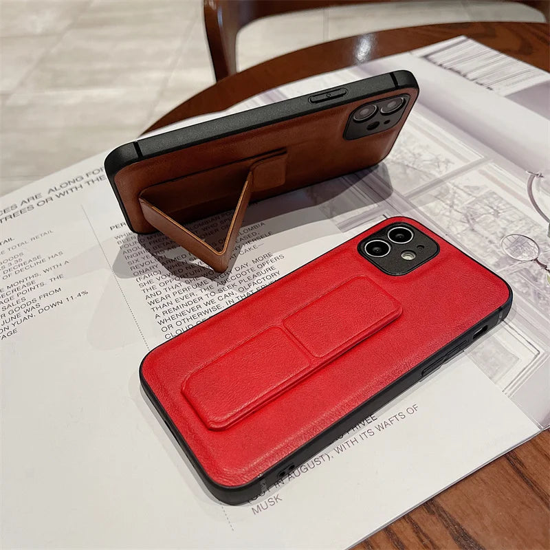 FF14.8 Tim Luxury Leather Folding Bracket Case For iPhone 16 15 14 13 12 11 Pro Max Soft Casing Shock proof Phone Cover