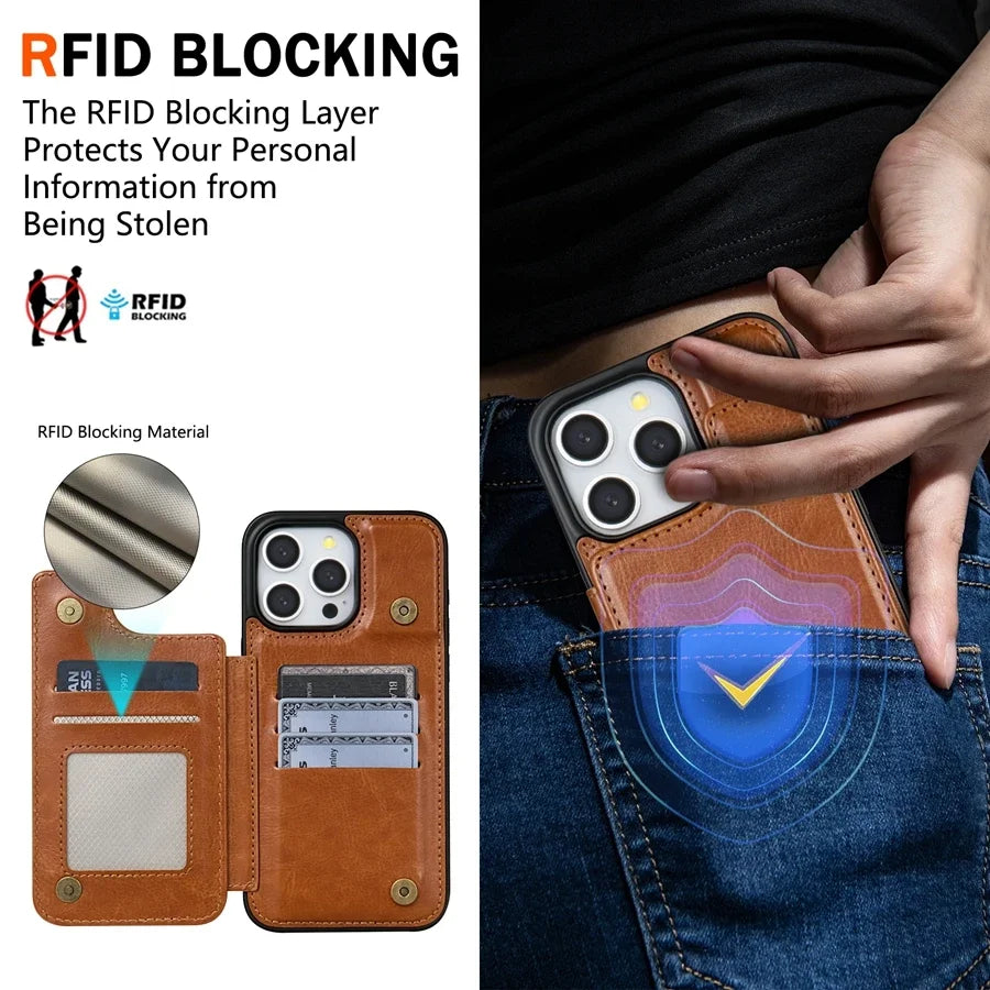 FF13.8-15.8 Wallet RFID Blocking Layer Protect Anti-Theft Magnetic Leather Case For iPhone 16 15 14 13 Pro Max